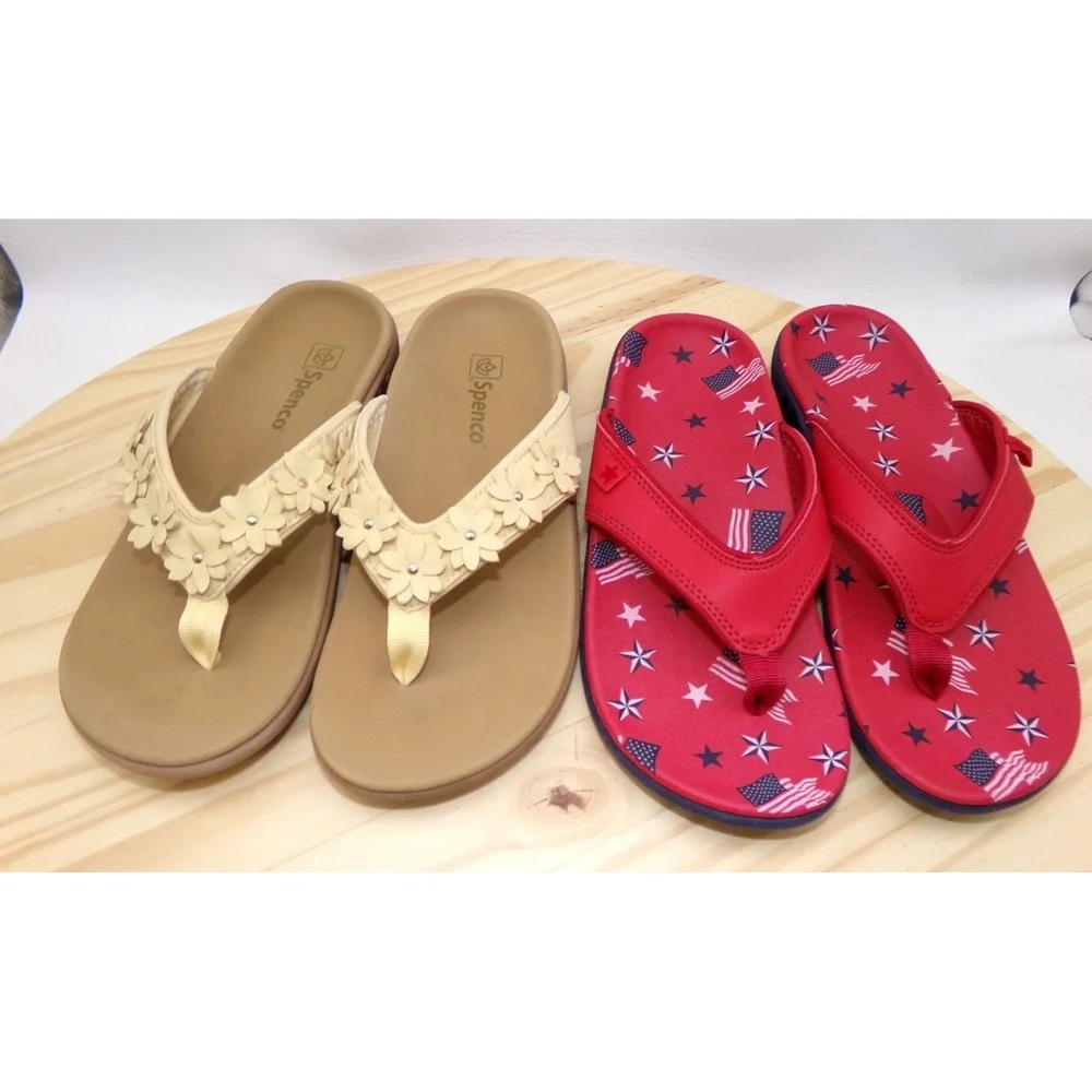 Spenco Flip Flop Sandals Womens Yellow 3D Applique Floral & Red Flags Stars Sz 7